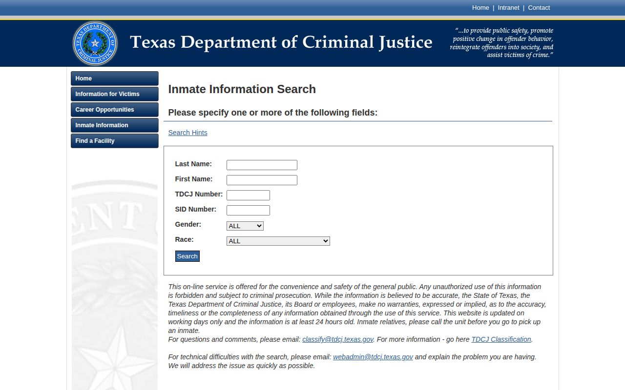 TDCJ search fields for Moore County released inmate records