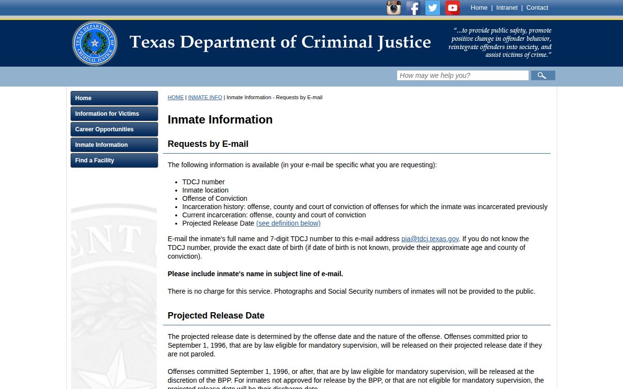 TDCJ email fields for a Moore County inmate release date request